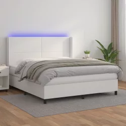 fehér műbőr rugós ágy matraccal és LED-del 160x200 cm