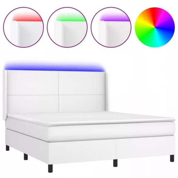 fehér műbőr rugós ágy matraccal és LED-del 160x200 cm