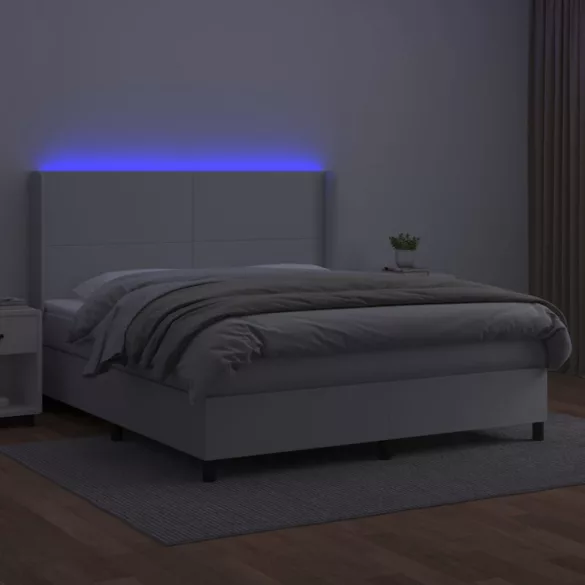 fehér műbőr rugós ágy matraccal és LED-del 160x200 cm