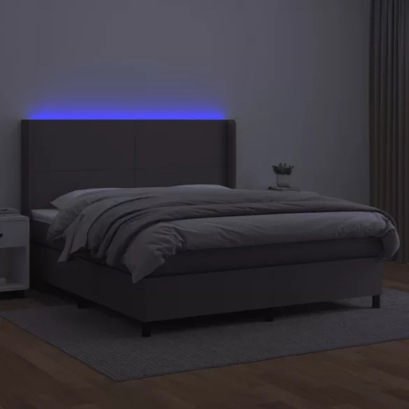 szürke műbőr rugós ágy matraccal és LED-del 160x200 cm