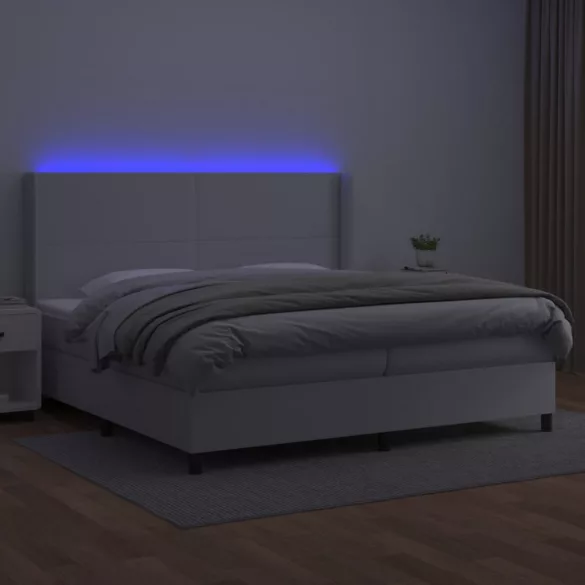 fehér műbőr rugós ágy matraccal és LED-del 200x200 cm