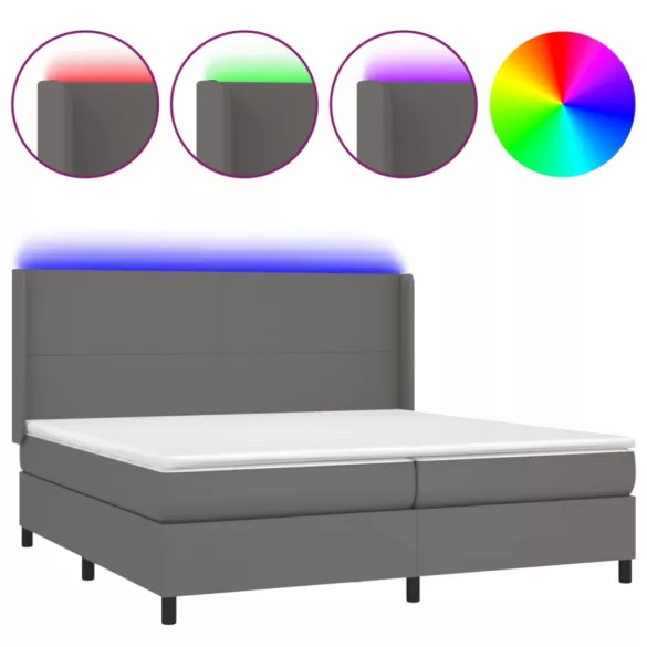 szürke műbőr rugós ágy matraccal és LED-del 200x200 cm
