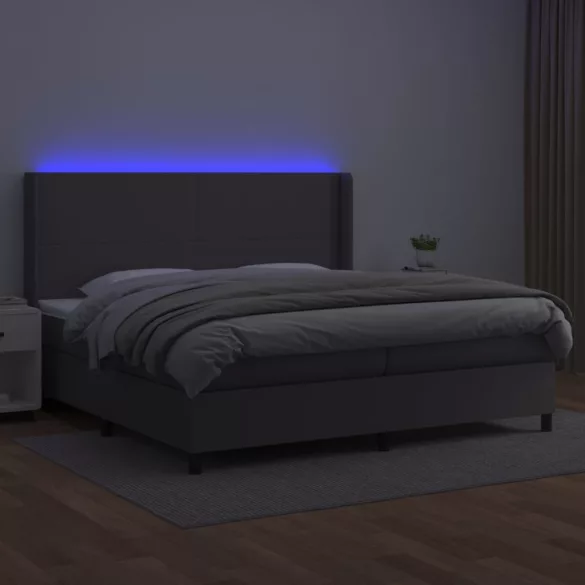 szürke műbőr rugós ágy matraccal és LED-del 200x200 cm