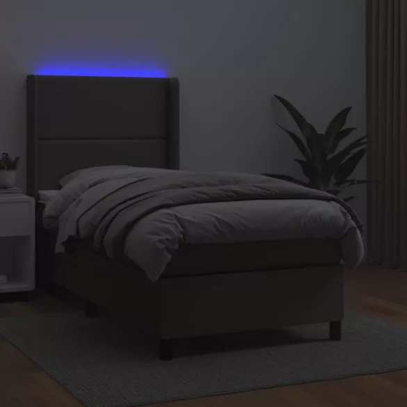 szürke műbőr rugós ágy matraccal és LED-del 90x190 cm