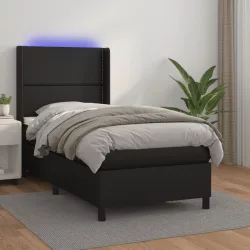 fekete műbőr rugós ágy matraccal és LED-del 90x200 cm