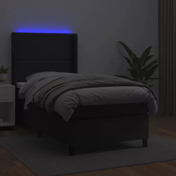 fekete műbőr rugós ágy matraccal és LED-del 90x200 cm