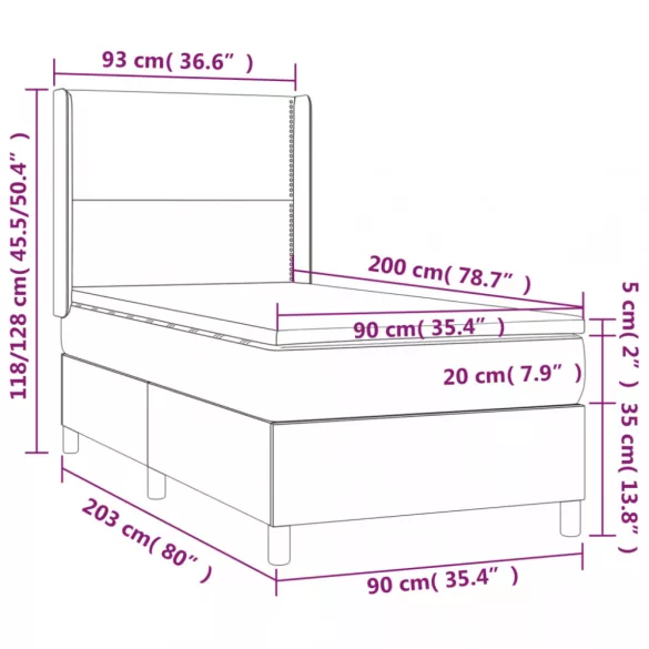 fekete műbőr rugós ágy matraccal és LED-del 90x200 cm
