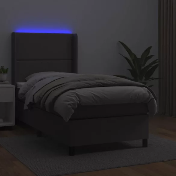 szürke műbőr rugós ágy matraccal és LED-del 90x200 cm