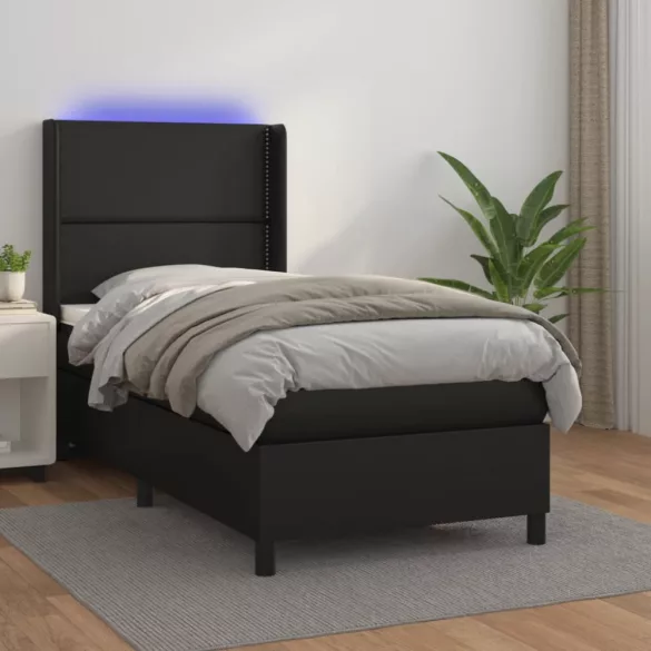 fekete műbőr rugós ágy matraccal és LED-del 100x200 cm