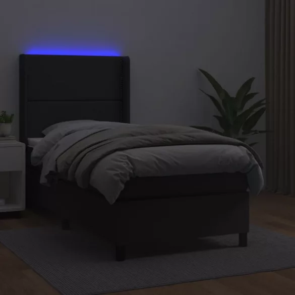 fekete műbőr rugós ágy matraccal és LED-del 100x200 cm