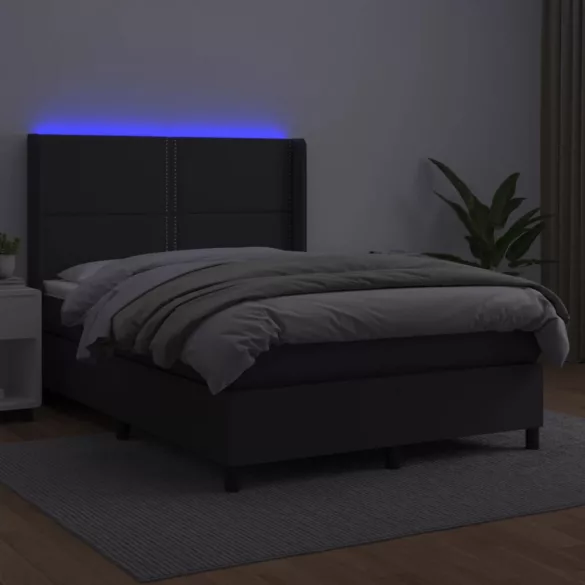 fekete műbőr rugós ágy matraccal és LED-del 140 x 190 cm
