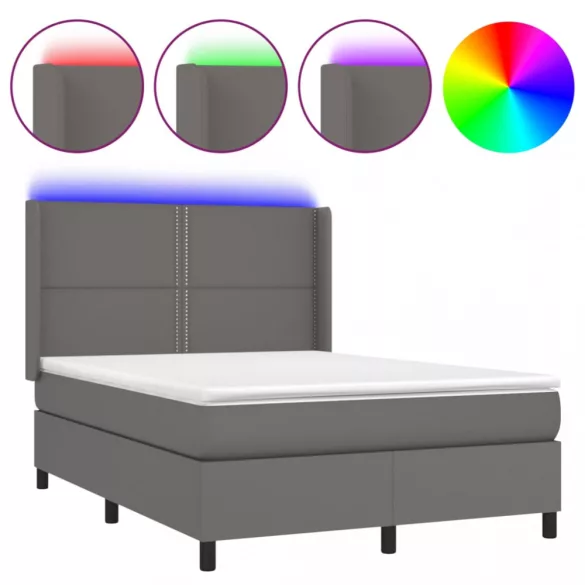 szürke műbőr rugós ágy matraccal és LED-del 140x190 cm