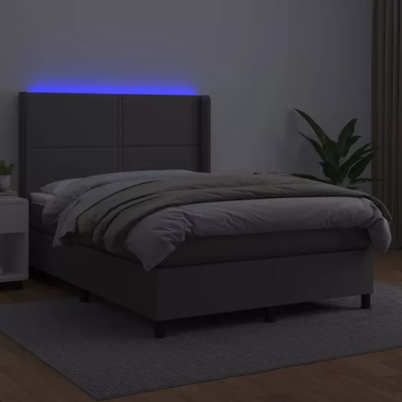 szürke műbőr rugós ágy matraccal és LED-del 140x190 cm