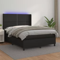 fekete műbőr rugós ágy matraccal és LED-del 140x200 cm