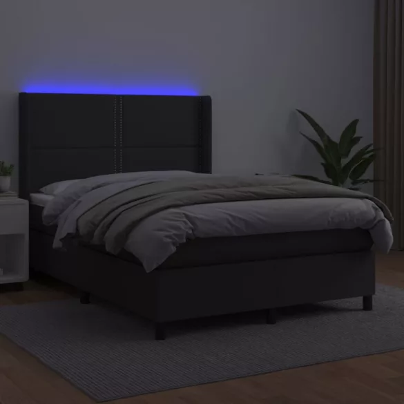fekete műbőr rugós ágy matraccal és LED-del 140x200 cm