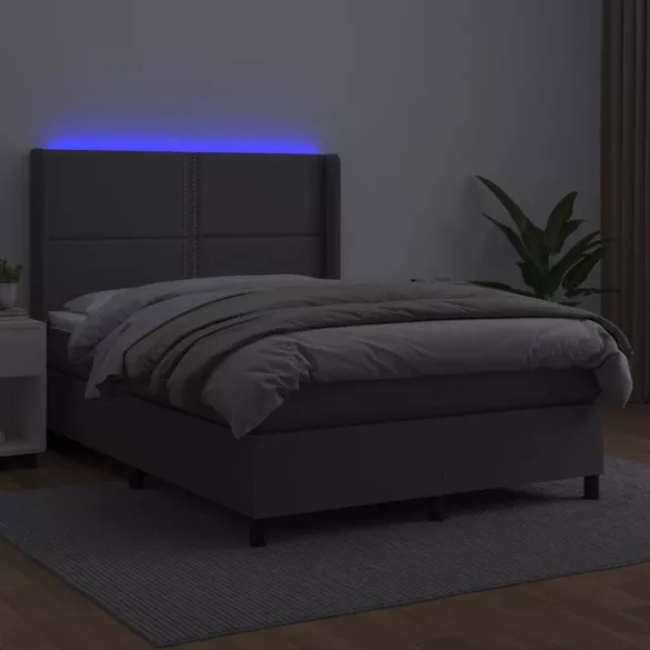 szürke műbőr rugós ágy matraccal és LED-del 140x200 cm
