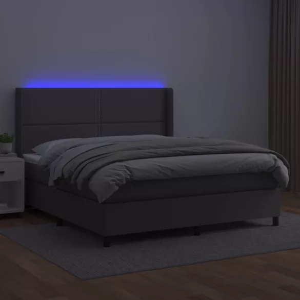szürke műbőr rugós ágy matraccal és LED-del 180x200 cm