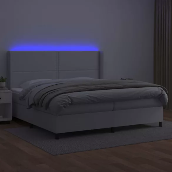 fehér műbőr rugós ágy matraccal és LED-del 200x200 cm