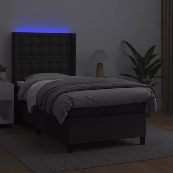 fekete műbőr rugós ágy matraccal és LED-del 80 x 200 cm