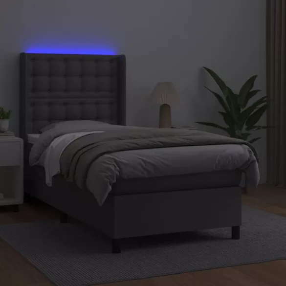 szürke műbőr rugós ágy matraccal és LED-del 80 x 200 cm