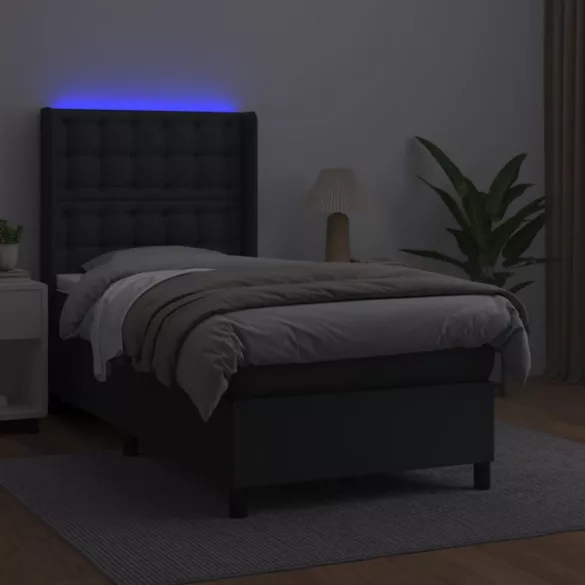 fekete műbőr rugós ágy matraccal és LED-del 90x190 cm