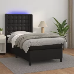 fekete műbőr rugós ágy matraccal és LED-del 90x200 cm