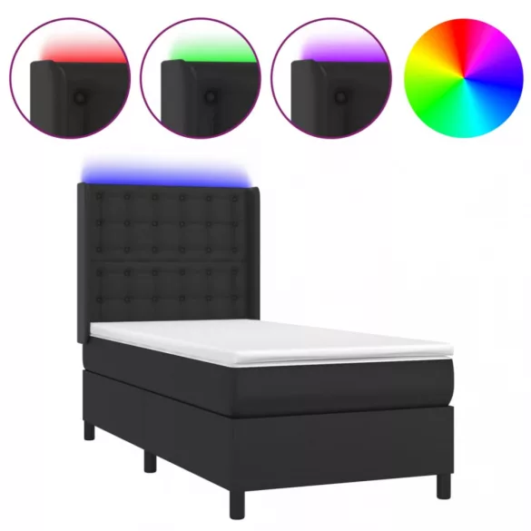 fekete műbőr rugós ágy matraccal és LED-del 90x200 cm