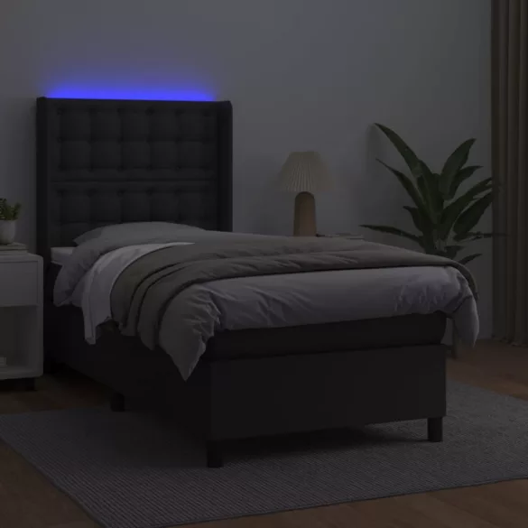 fekete műbőr rugós ágy matraccal és LED-del 90x200 cm