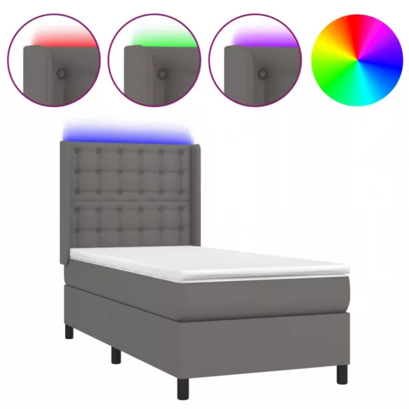 szürke műbőr rugós ágy matraccal és LED-del 90x200 cm