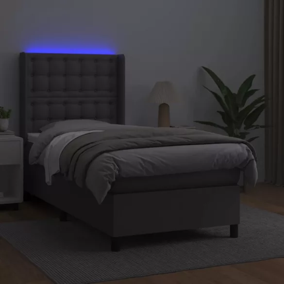 szürke műbőr rugós ágy matraccal és LED-del 90x200 cm