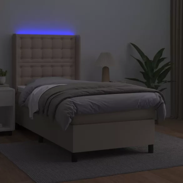 cappuccino színű műbőr rugós ágy matraccal és LED-del 90x200 cm