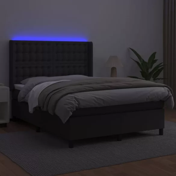 fekete műbőr rugós ágy matraccal és LED-del 140 x 190 cm
