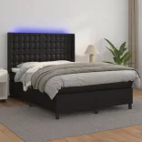 fekete műbőr rugós ágy matraccal és LED-del 140x200 cm