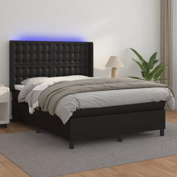 fekete műbőr rugós ágy matraccal és LED-del 140x200 cm