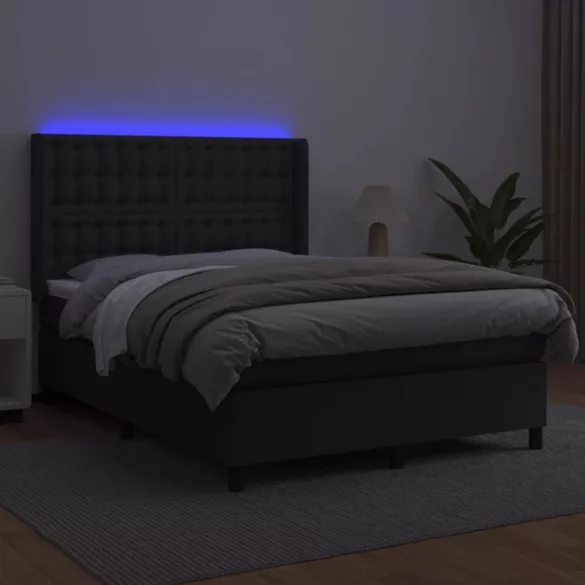 fekete műbőr rugós ágy matraccal és LED-del 140x200 cm