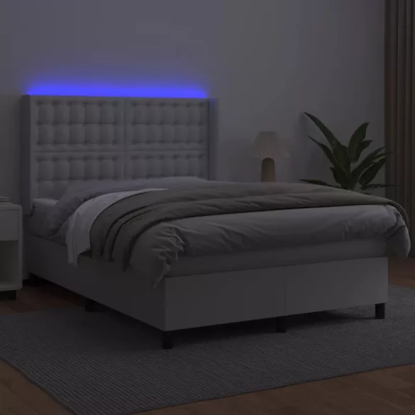 fehér műbőr rugós ágy matraccal és LED-del 140x200 cm
