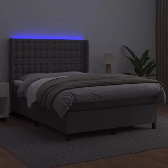 szürke műbőr rugós ágy matraccal és LED-del 140x200 cm