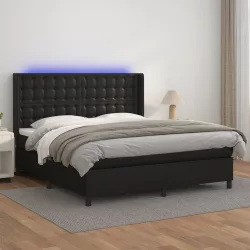 fekete műbőr rugós ágy matraccal és LED-del 160x200 cm