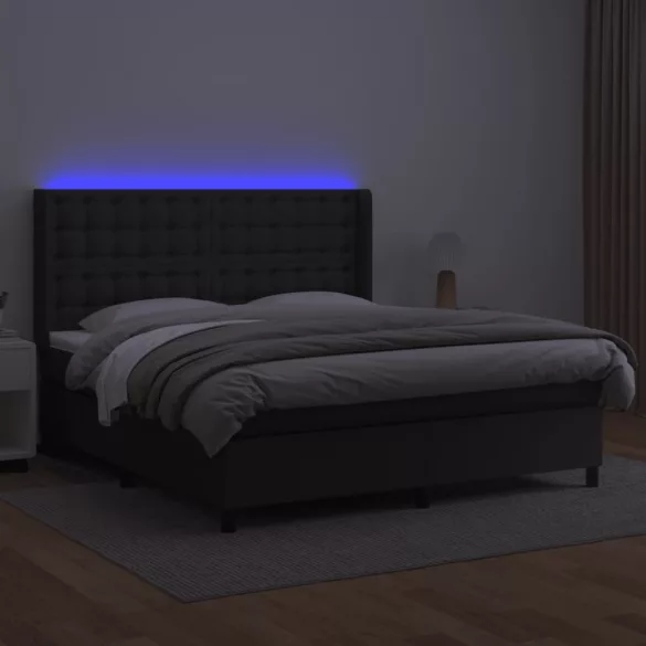 fekete műbőr rugós ágy matraccal és LED-del 160x200 cm