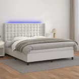 fehér műbőr rugós ágy matraccal és LED-del 160x200 cm