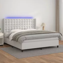 fehér műbőr rugós ágy matraccal és LED-del 160x200 cm