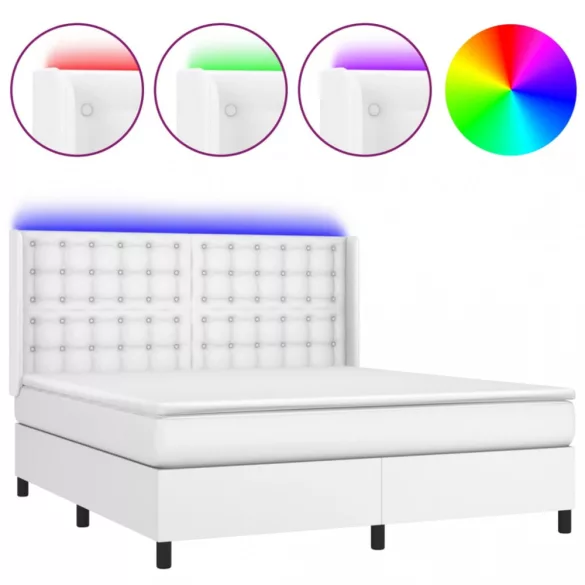 fehér műbőr rugós ágy matraccal és LED-del 160x200 cm