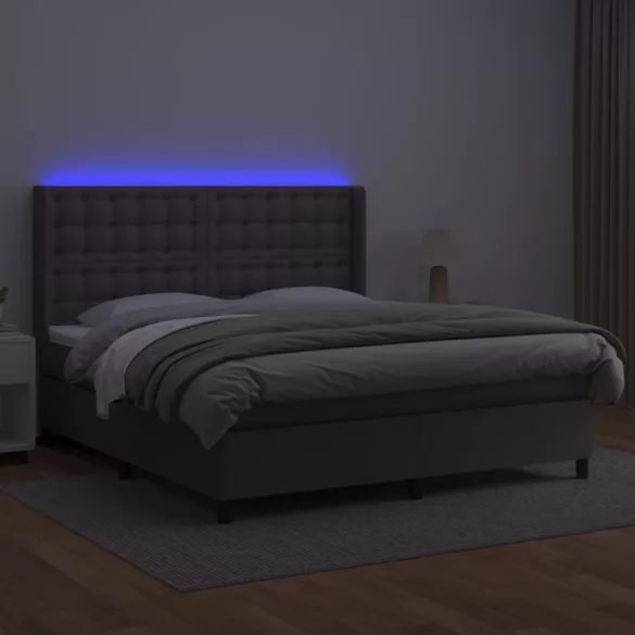 szürke műbőr rugós ágy matraccal és LED-del 160x200 cm