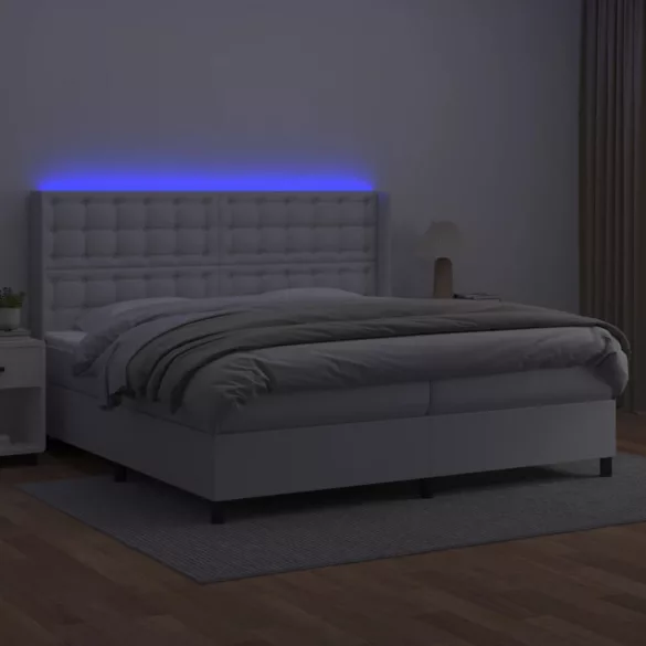 fehér műbőr rugós ágy matraccal és LED-del 200x200 cm