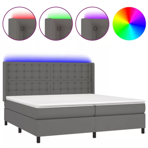 szürke műbőr rugós ágy matraccal és LED-del 200x200 cm