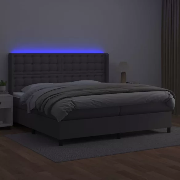 szürke műbőr rugós ágy matraccal és LED-del 200x200 cm