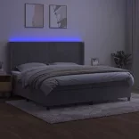 világosszürke bársony rugós és LED-es ágy matraccal 200x200 cm
