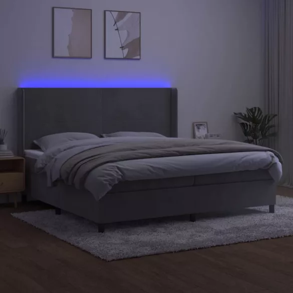 világosszürke bársony rugós és LED-es ágy matraccal 200x200 cm