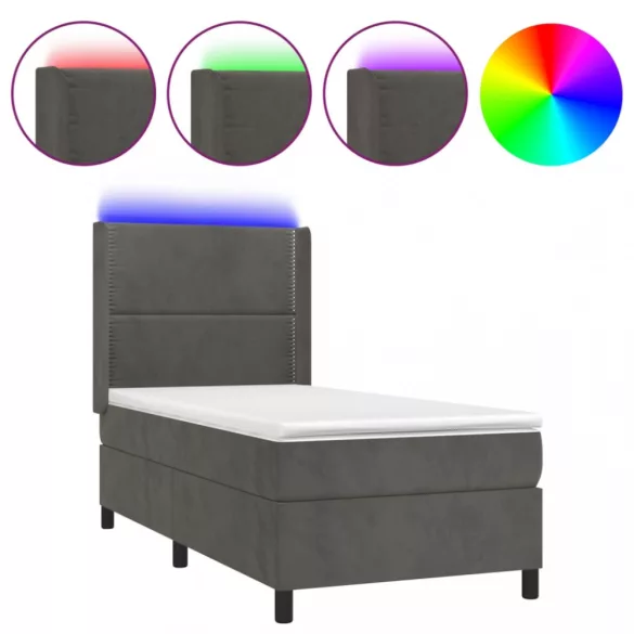 sötétszürke bársony rugós és LED-es ágy matraccal 90x190 cm