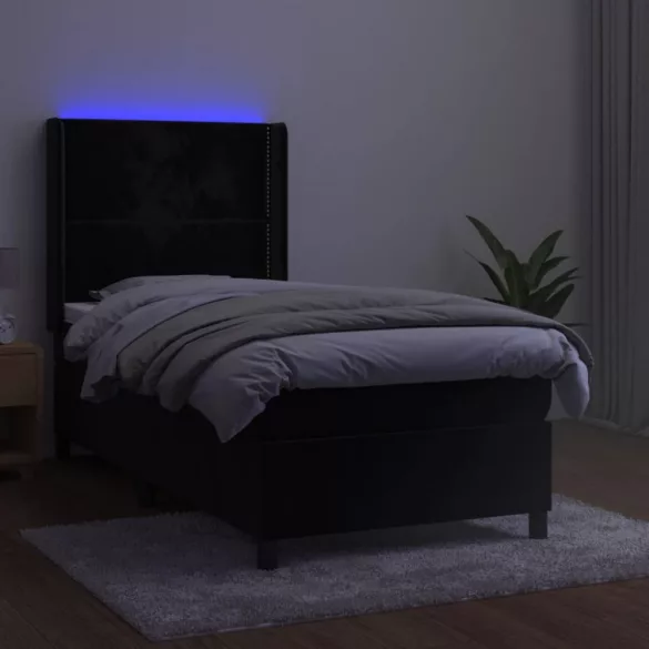 fekete bársony rugós és LED-es ágy matraccal 90x200 cm